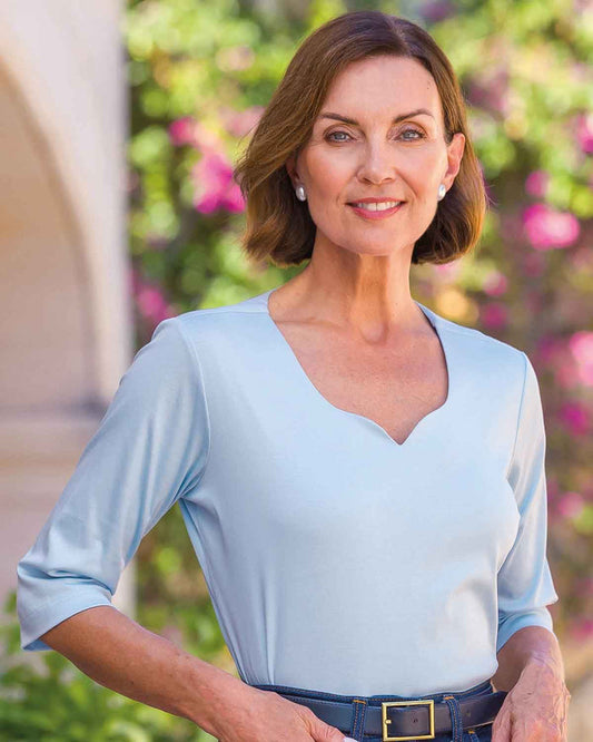 Jodie Sweetheart Neck 3/4 Sleeve Silky Cotton Top - Pale Blue - Country Collection