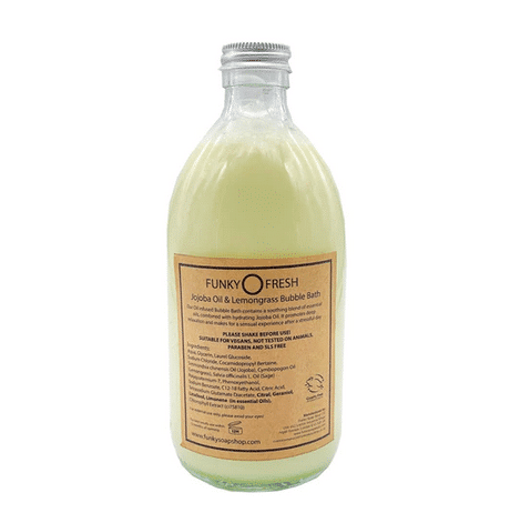 Jojoba Oil and Lemongrass Bubble Bath in glass bottle