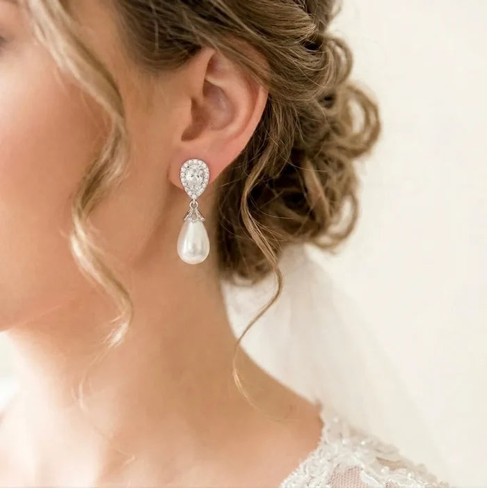 Pearl Wedding Jewelry - Pearl and Cubic Zirconia Bridal Earrings - Available in Rose Gold, Silver and Yellow Gold