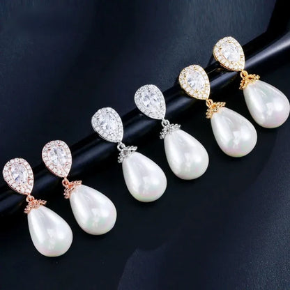 Pearl Wedding Jewelry - Pearl and Cubic Zirconia Bridal Earrings - Available in Rose Gold, Silver and Yellow Gold