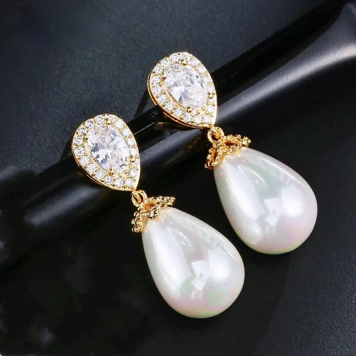 Pearl Wedding Jewelry - Pearl and Cubic Zirconia Bridal Earrings - Available in Rose Gold, Silver and Yellow Gold