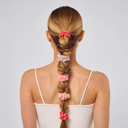 KITSCH Ruched Satin Scrunchies 5pc Set in Cherry Blossom
