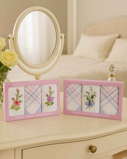 Ladies Embroidered Pure Cotton Handkerchiefs 2 Boxes of 3 - White - Country Collection