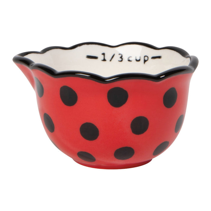 Red polka dot bowl with black text on a white background