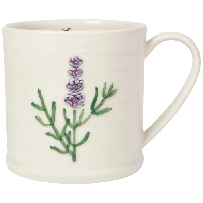 White mug with lavender design on a white background