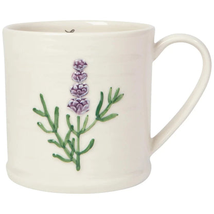 White mug with lavender design on a white background