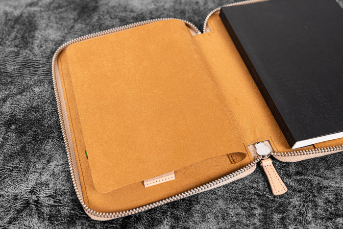 Leather Zippered 10 Slots Pen Case with A5 Notebook Holder - Undyed Leather