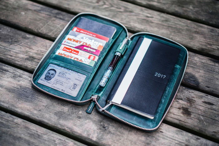 Leather Zippered Hobonichi Weeks Cover - Crazy Horse Forest Green