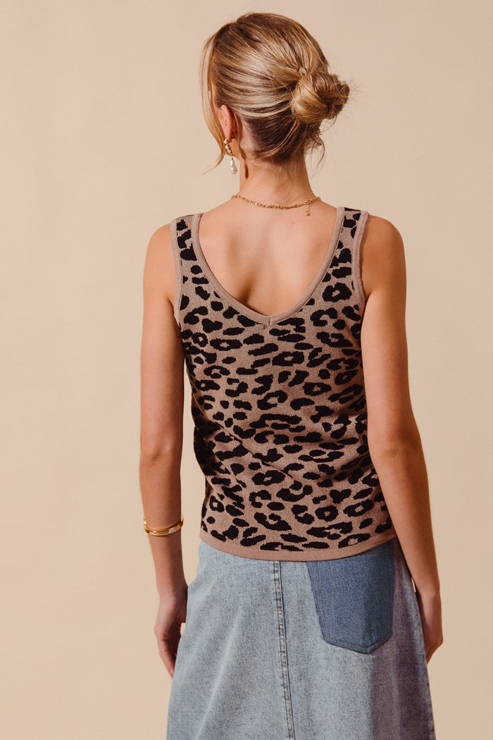 Leopard Knitted Lightweight V Neck Tank Top