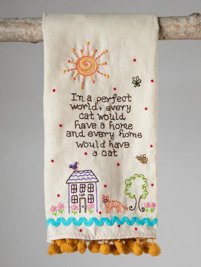 Linen Embroidered Hand Towel - Cat-view 1