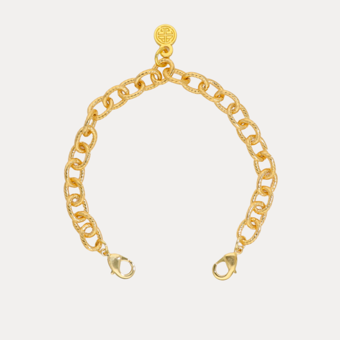 Loop Chain Bracelet featuring textured gold-toned oval loops and dual lobster clasps.