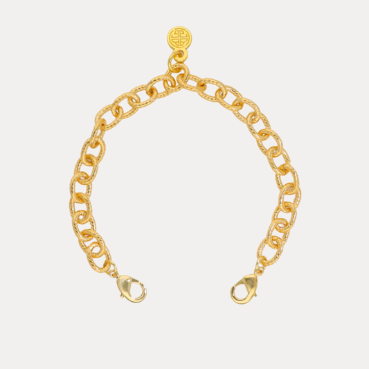Loop Chain Bracelet featuring textured gold-toned oval loops and dual lobster clasps.
