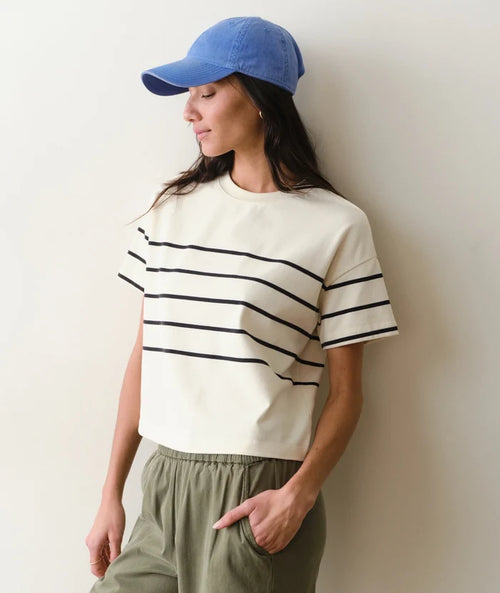 Luxe Sueded Crew Tee Black/White Stripe