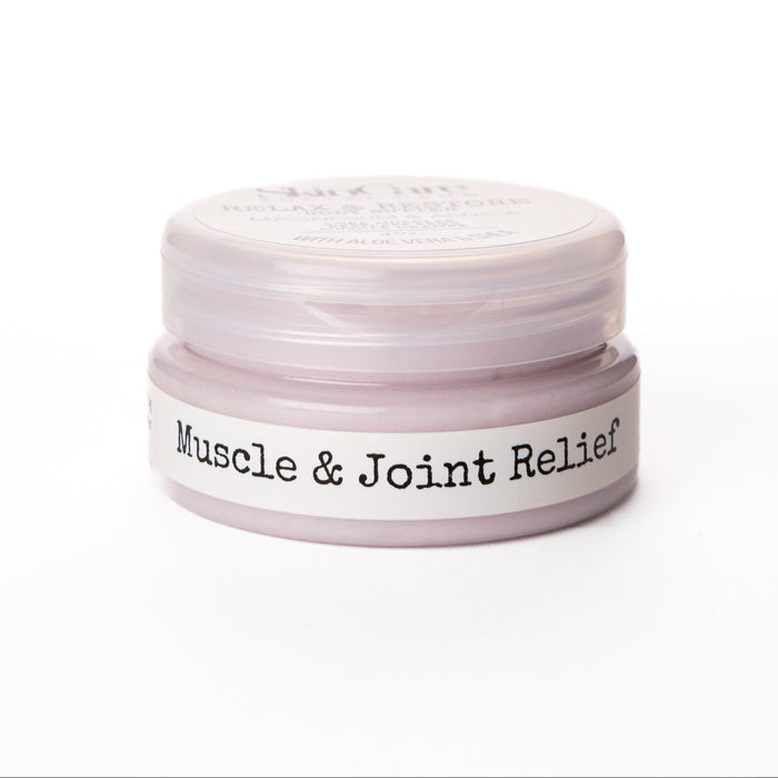Jar of muscle and joint relief cream on a white background