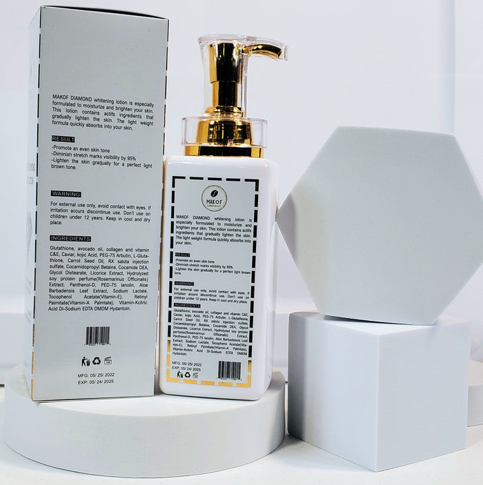 MAKOF DIAMOND BODY LOTION, Caramel skin tone Booster, remove all imperfections, Anti-aging, lightening lotion  16oz