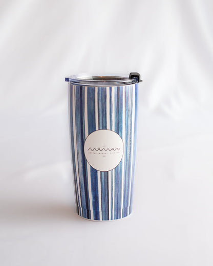 Stainless steel tumblers with a blue-and-white stripes pattern, featuring the round “Maman” logo.