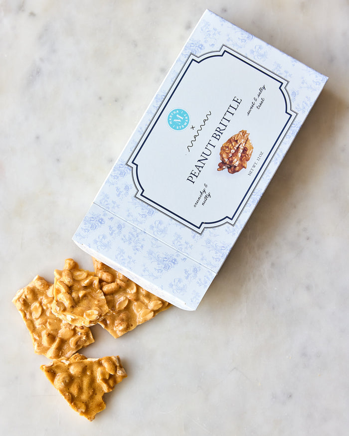 Opened box of peanut brittle from the Martha Stewart x maman collection.