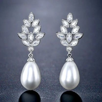 Pearl Wedding Jewelry - Pearl and Cubic Zirconia Bridal Earrings - Available in Gold, Silver and Rose Gold