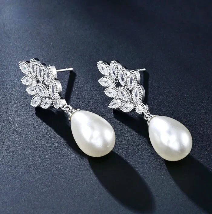 Pearl Wedding Jewelry - Pearl and Cubic Zirconia Bridal Earrings - Available in Gold, Silver and Rose Gold