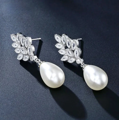 Pearl Wedding Jewelry - Pearl and Cubic Zirconia Bridal Earrings - Available in Gold, Silver and Rose Gold