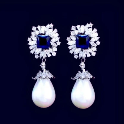 Wedding Jewelry - Pearl and Blue Cubic Zirconia Bridal Earrings
