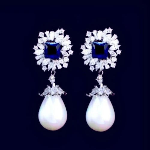 Wedding Jewelry - Pearl and Blue Cubic Zirconia Bridal Earrings