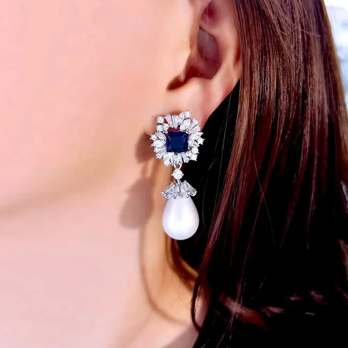 Wedding Jewelry - Pearl and Blue Cubic Zirconia Bridal Earrings
