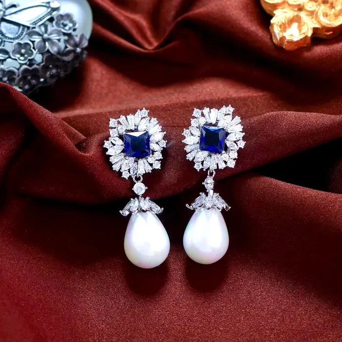 Wedding Jewelry - Pearl and Blue Cubic Zirconia Bridal Earrings