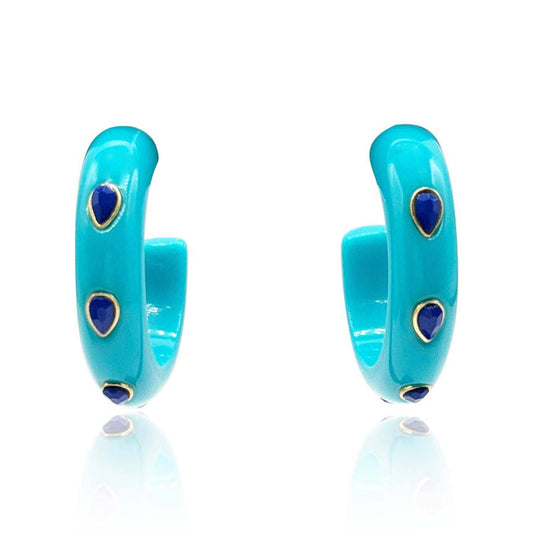 Michael Nash Jewelry Genevieve Turquoise Resin Hoop Earrings With Faceted Lapis Glass Pear Stones