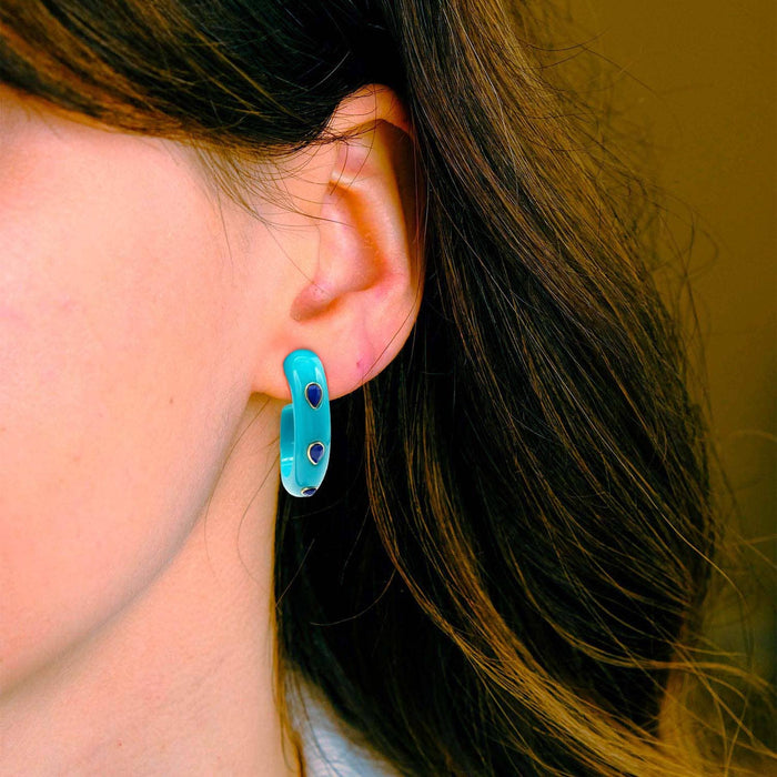 Michael Nash Jewelry Genevieve Turquoise Resin Hoop Earrings With Faceted Lapis Glass Pear Stones