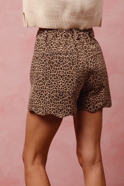 Mid Rise Leopard Twill Shorts With Scallop Hem