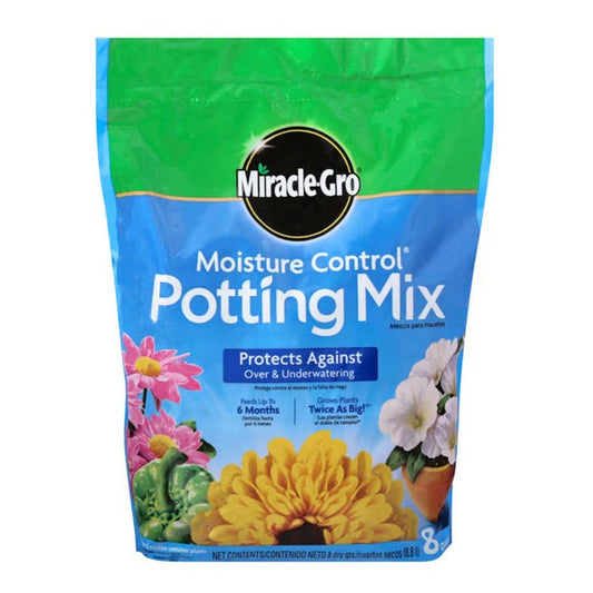 Bag of Miracle-Gro moisture control potting mix with a green and blue label on a white background.