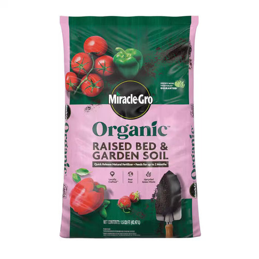 Bag of Miracle-Gro Organic Raised Bed & Garden Soil with tomatoes and peppers on the packaging.