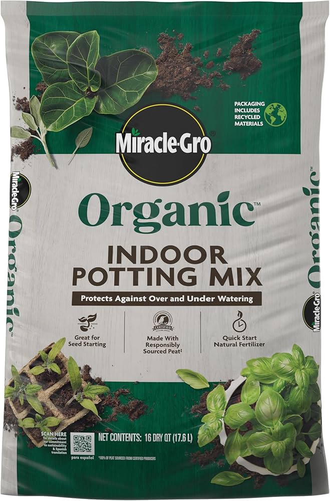 Bag of Miracle-Gro Organic Indoor Potting Mix with green and white design.
