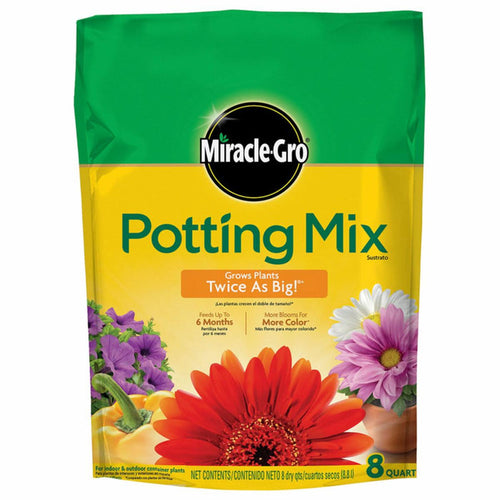 Bag of Miracle-Gro potting mix with colorful flowers on a white background