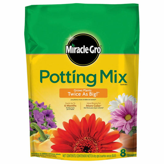 Bag of Miracle-Gro potting mix with colorful flowers on a white background