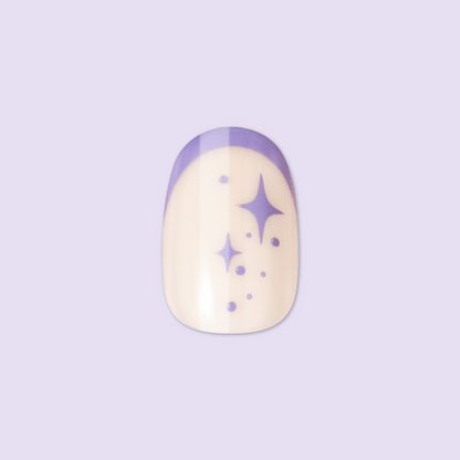 Mixed Purple Sparkle | Extra Short | Round - Tab Press-On nail with violet French tip and starry sparkle design on neutral base
