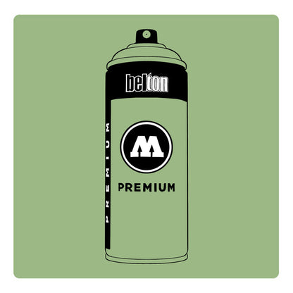 A black outline drawing of a pale olive green spray paint can with the words "belton","premium" and the letter"M" written on the face in black and white font. The background is a color swatch of the same pale olive green with a white border