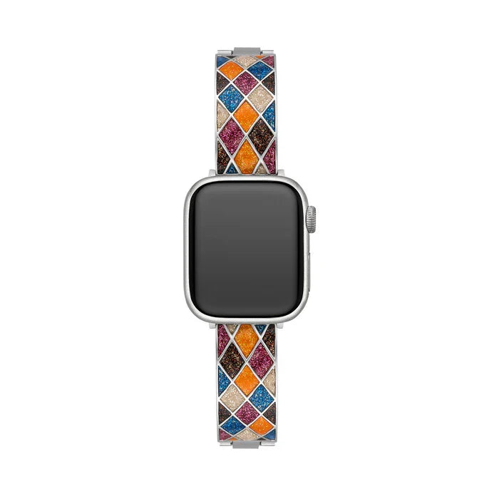 Mosaic Glow stainless steel Apple Watch band with multicolor glitter mosaic inlay in blue, pink, orange, and gold