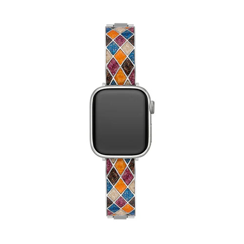 Mosaic Glow stainless steel Apple Watch band with multicolor glitter mosaic inlay in blue, pink, orange, and gold
