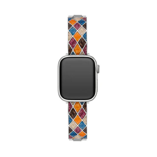 Mosaic Glow stainless steel Apple Watch band with multicolor glitter mosaic inlay in blue, pink, orange, and gold