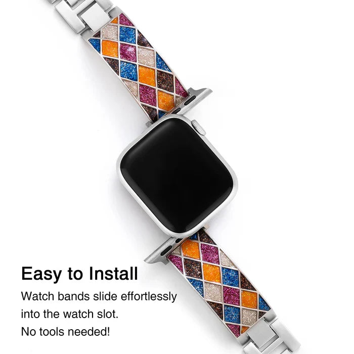 Mosaic Glow stainless steel Apple Watch band with multicolor glitter mosaic inlay in blue, pink, orange, and gold