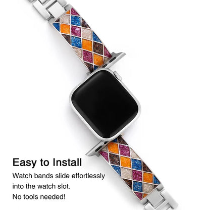 Mosaic Glow stainless steel Apple Watch band with multicolor glitter mosaic inlay in blue, pink, orange, and gold