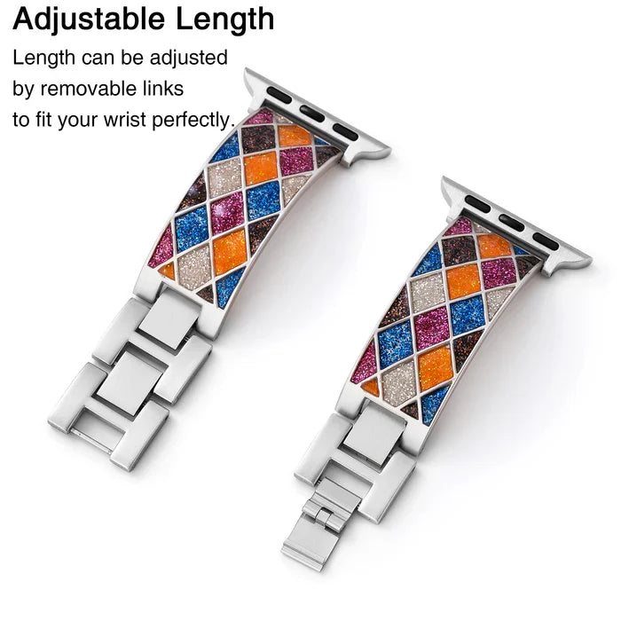 Mosaic Glow stainless steel Apple Watch band with multicolor glitter mosaic inlay in blue, pink, orange, and gold