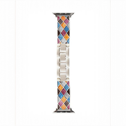 Mosaic Glow stainless steel Apple Watch band with multicolor glitter mosaic inlay in blue, pink, orange, and gold