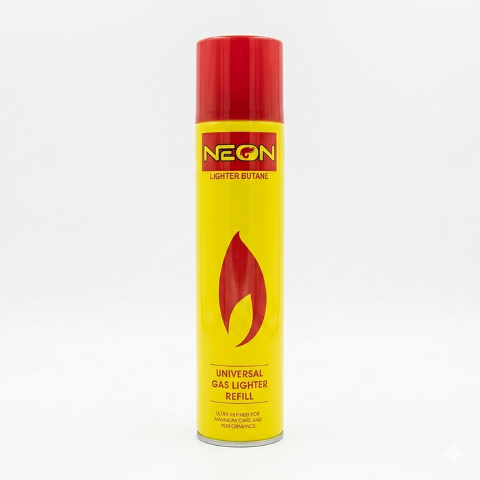 Neon lighter butane refill canister with red and yellow design on a white background