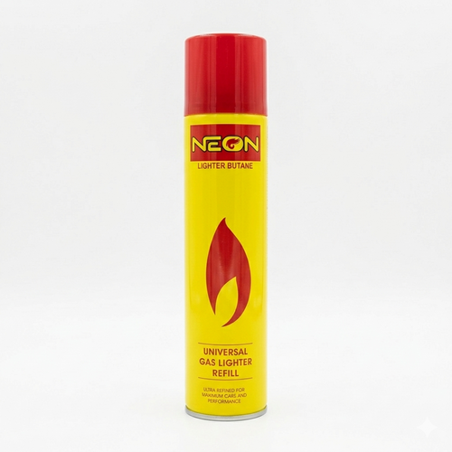 Neon lighter butane refill canister with red and yellow design on a white background