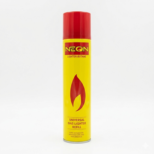 Neon lighter butane refill canister with red and yellow design on a white background