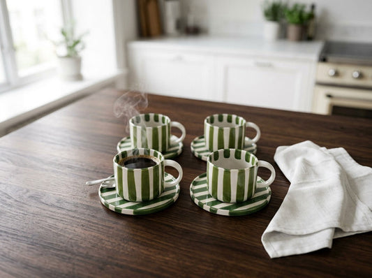 Olsson & Jensen Monica Cup & Saucer Set – Green – 4 Cups & 4 Saucers – Hand-Painted Stoneware