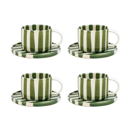 Olsson & Jensen Monica Cup & Saucer Set – Green – 4 Cups & 4 Saucers – Hand-Painted Stoneware